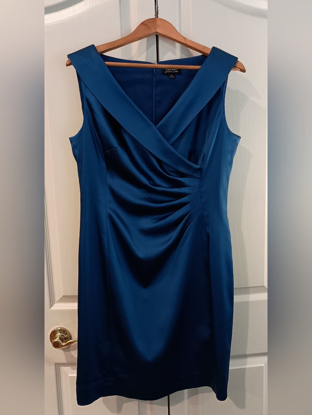 Tahari Blue Satin Sheath Dress with Crossover V